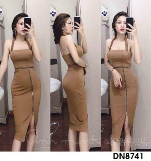 Đầm body 2 dây xẻ tà đính dây kéo đồng