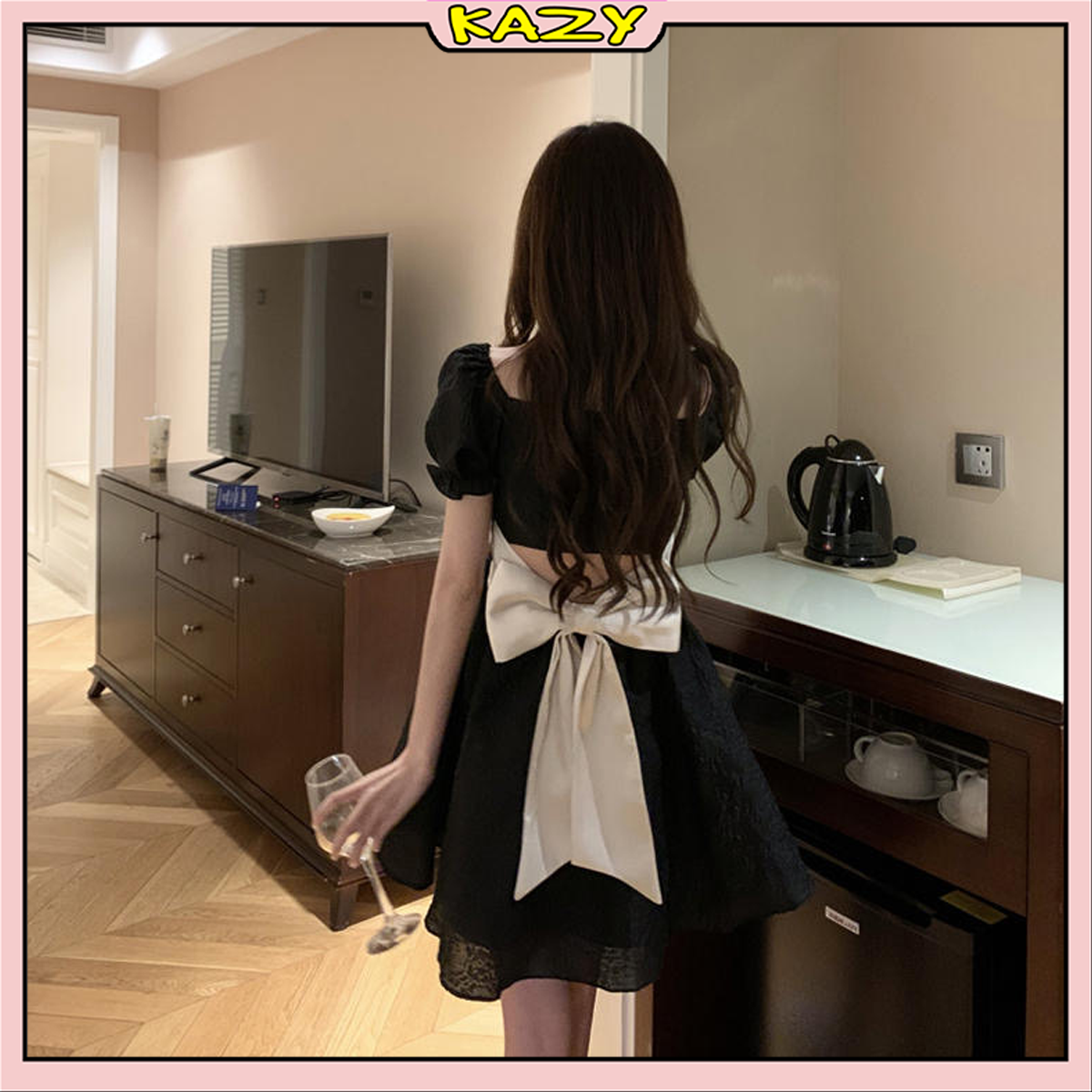 Đầm váy công chúa Babydoll khoét lưng thắt nơ xinh xắn phong cách tiểu thư Hàn Quốc KAZY STORE V011