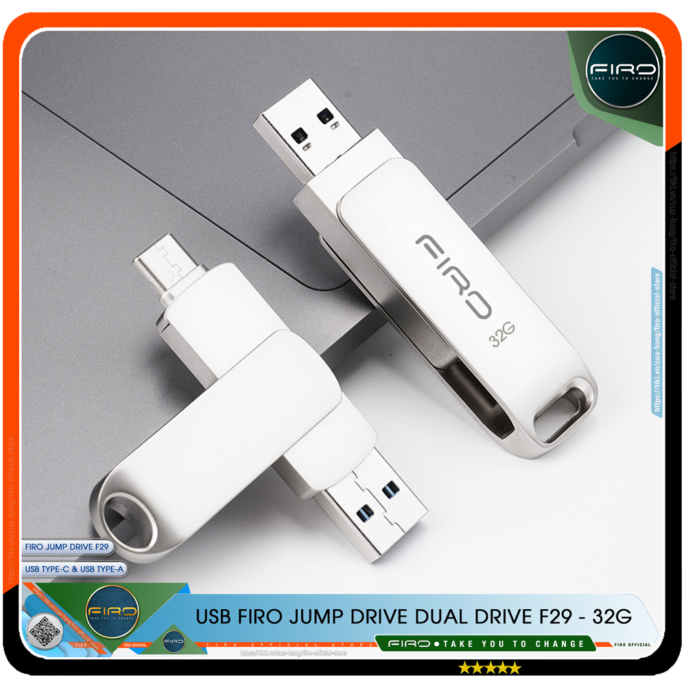 USB FIRO Jump Drive Dual Drive F29 - USB 3.1 32GB / 64GB Đầu Nối Kép Với 2 Cổng USB Type-C Và USB Type-A - Tương Thích MAC / PC Chuẩn Giao Tiếp USB 3.0 Và 2.0 - Tốc Độ Đọc 130Mb/s- Hàng Chính Hãng