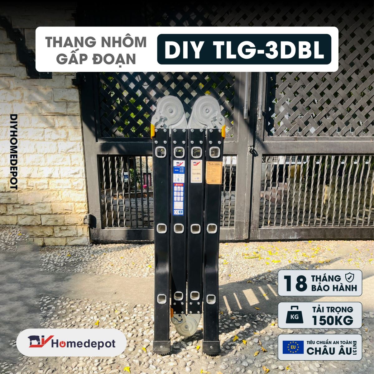 Thang nhôm gấp đoạn cao cấp chân choãi DIY TLG-3DBL chiều cao sử dụng chữ A 1.75M chữ I 3.6M