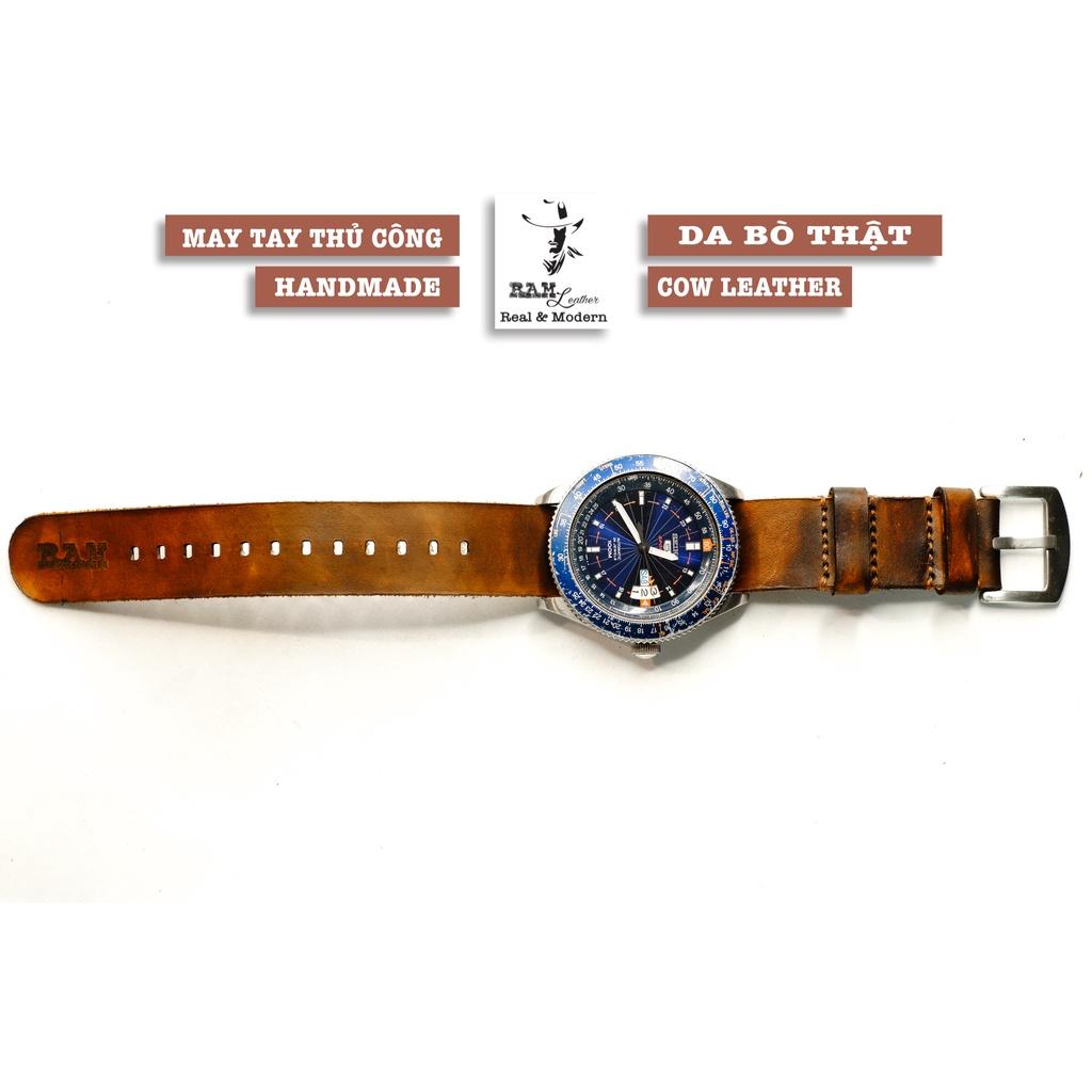 Dây đồng hồ da bò vegtan thảo mộc kiểu nato quân đội RAM Leather - tặng khóa chốt và cây thay dây