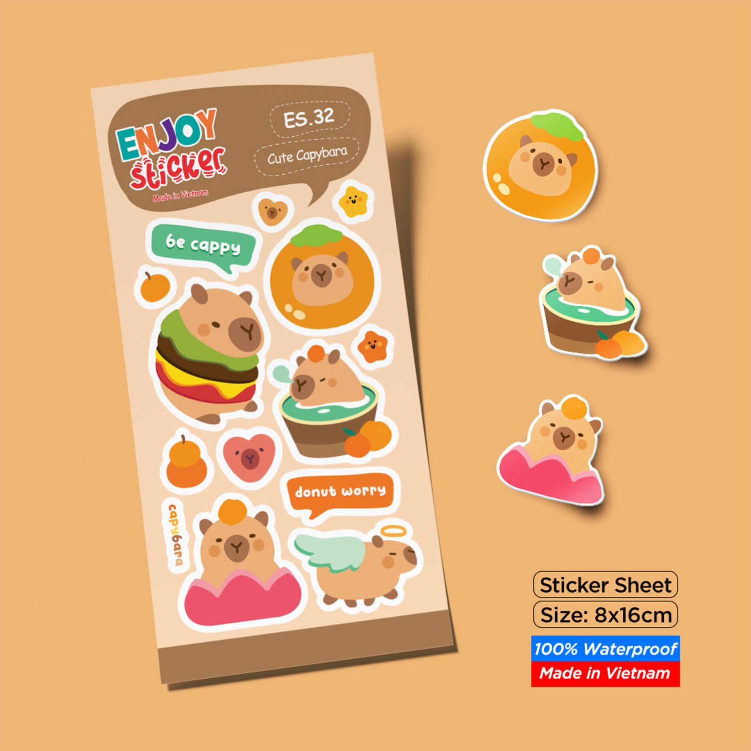 ES32 Cute Capybara Enjoy sticker sheet hình dán chống thấm nước Made in Vietnam Sticker Factory