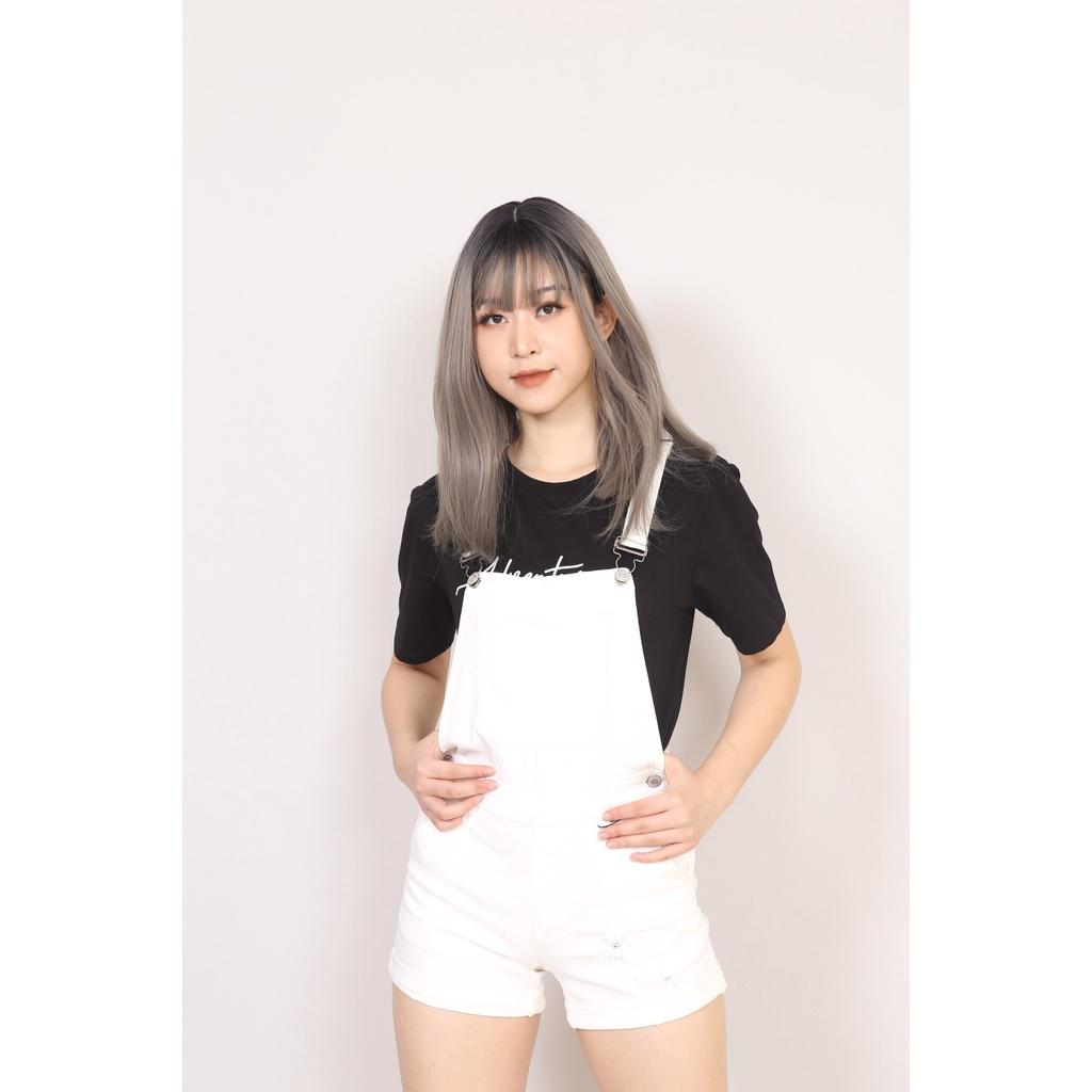 Quần Yếm bò Nữ Đen Trắng Rách Gập Gấu có dây điều chỉnh CT JEANS