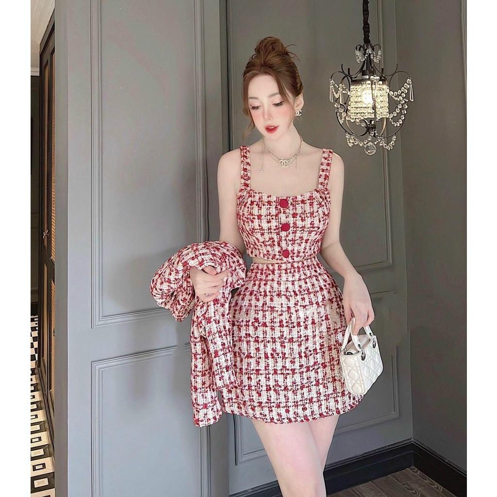 FREE SHIP Sét Bộ Đồ Nữ 3 Món Chất Vải Bố Da Áo Trong Đính Nút Bọc Phối Áo Khoác Ngoài Dài Tay Kèm Chân Váy KIM GIA DS
