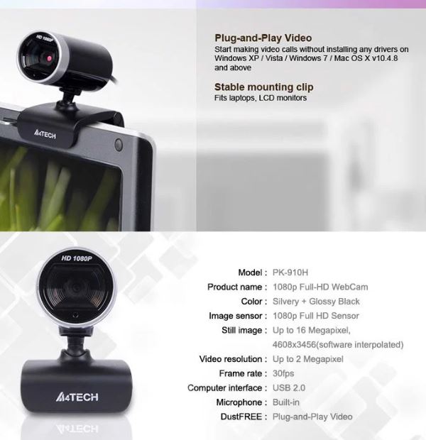 Webcam học trực tuyến Full HD, tích hợp Mircophone A4TECH PK-910H Hàng Chính Hãng