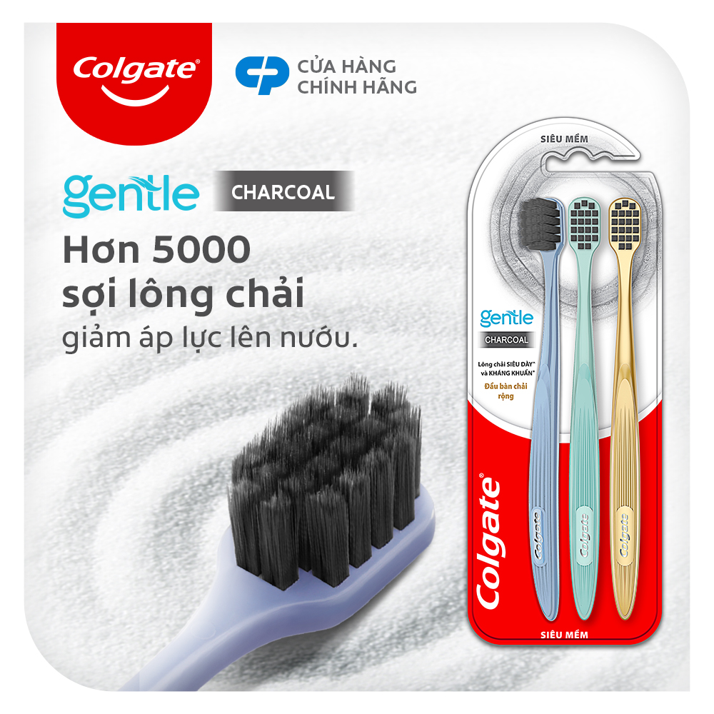 Bộ 3 bàn chải Colgate Gentle Comfort Charcoal đầu chải rộng, than hoạt tính kháng khuẩn