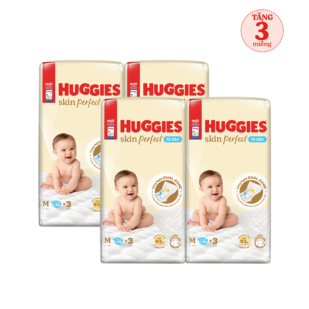 Combo 4 gói Tã/bỉm dán sơ sinh Huggies Skin Perfect M 46+3 miếng với 2 vùng thấm giảm kích ứng da