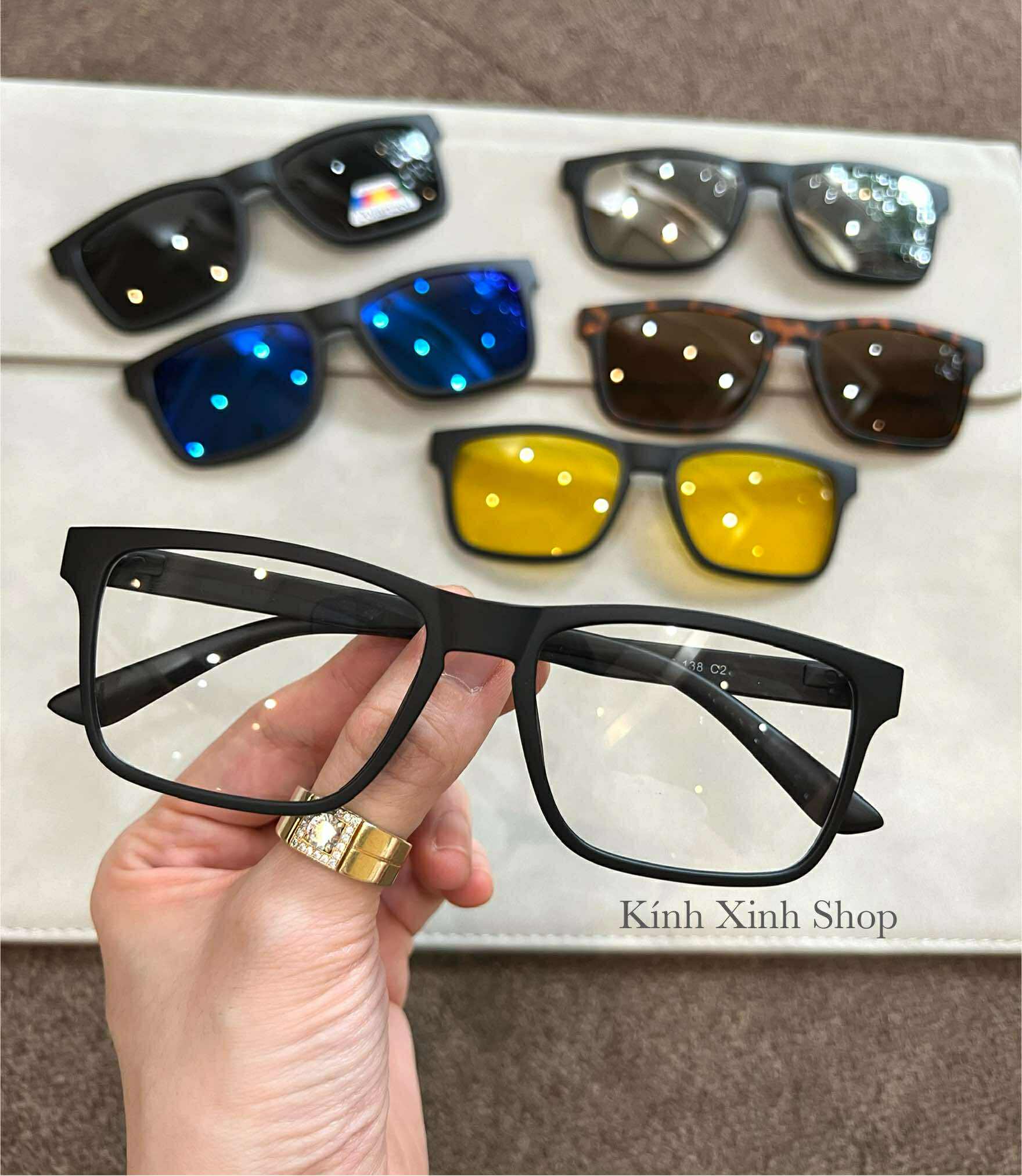 Kính Mắt Rân Cận, Gọng Kính Cận Mắt Vuông Clip On Nhiều Tròng 6in1 Gọng Ultem Màu Đen Đi Ngày Và Đêm