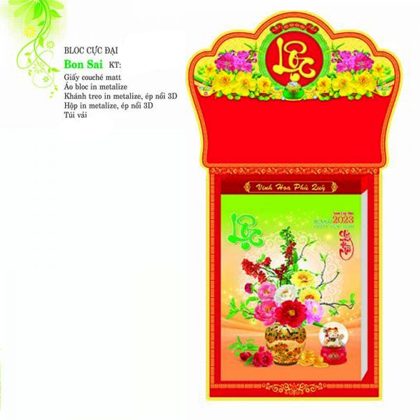 Lịch Hoa bon sai chiều dài tổng 70 cm mừng xuân Quý Mão 2023 kích thước khổ bloc 25 * 35