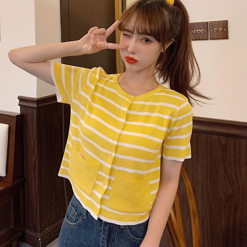 Áo Cardigan Ngắn Tay Kẻ Sọc Xinh Xắn Theo Phong Cách Hàn Quốc
