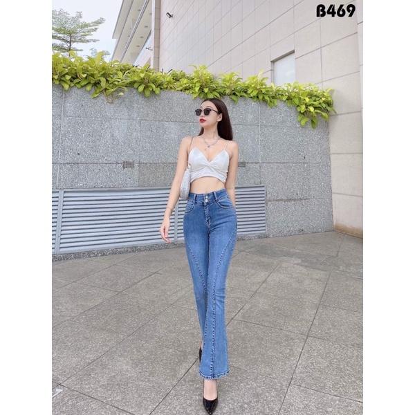 Quần Jeans Nữ Ống Loe Dài Viền Gân Lưng Cao Co giãn