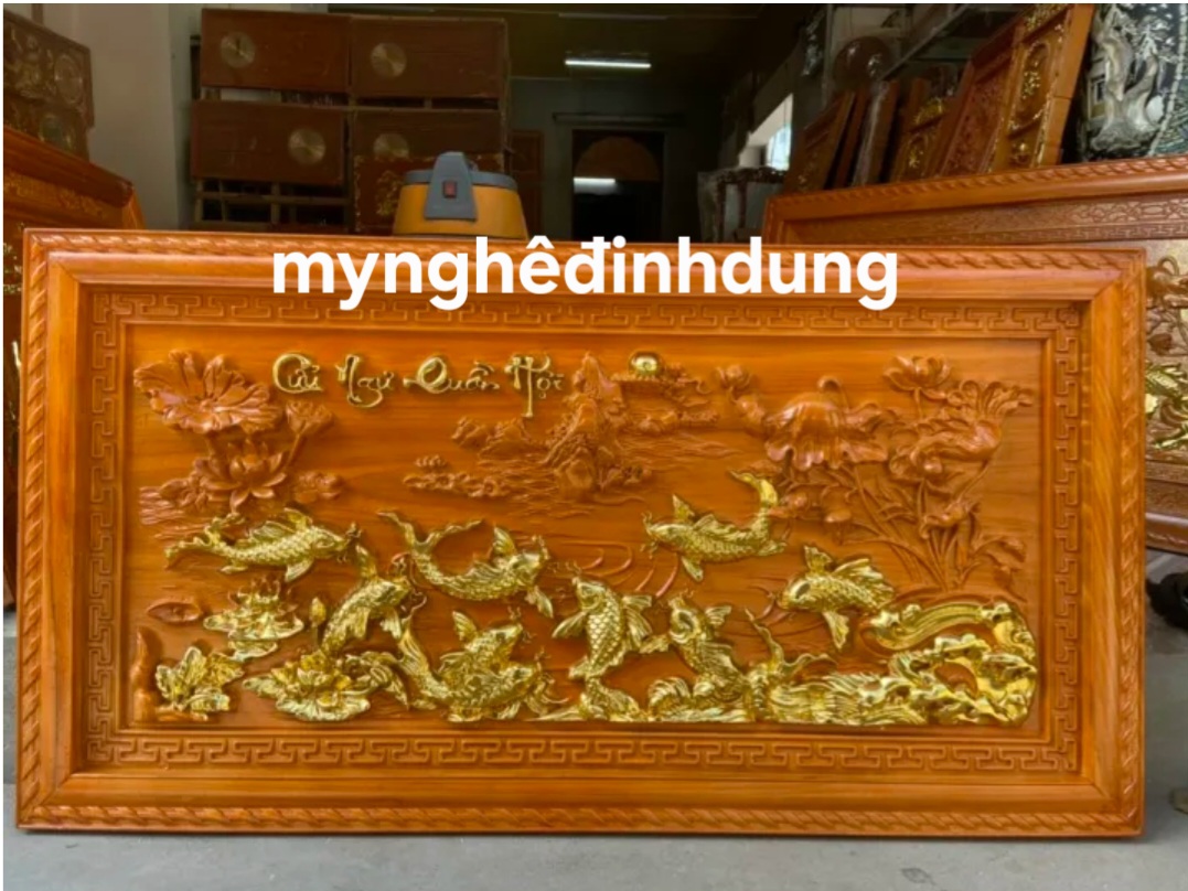 Tranh treo tường  khắc  tích  cửu ngư quần hội bằng  gỗ gõ đỏ  kt 67x127x5cn