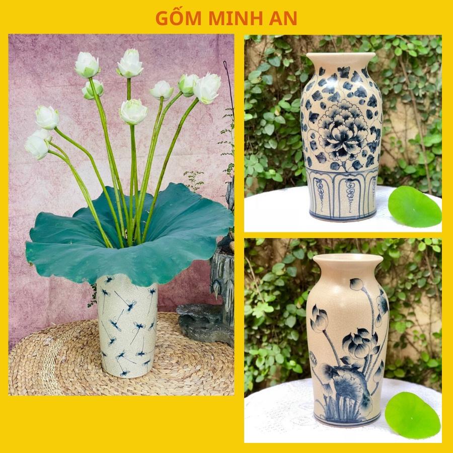 Bình hoa men rạn vẽ hoa phù dung gốm Minh AN Bát Tràng cao 33cm, miệng 13cm