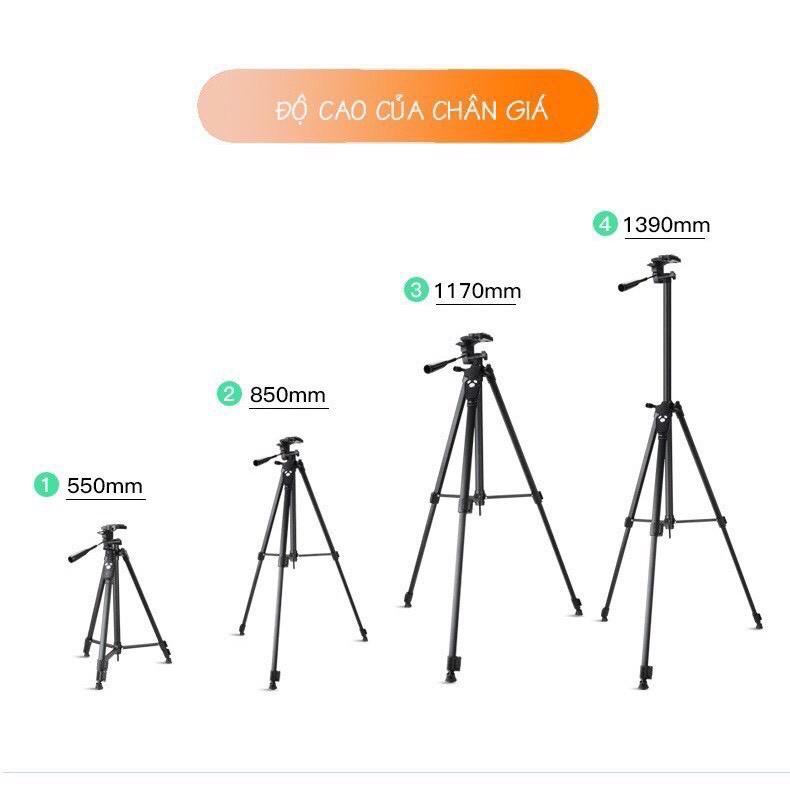 Gậy Tripod 3 chân 3388 có tay quay video màu đen chắc chắn cao cấp điều kiển Bluetooth Remote sạc cao 140cm - CITYCASE