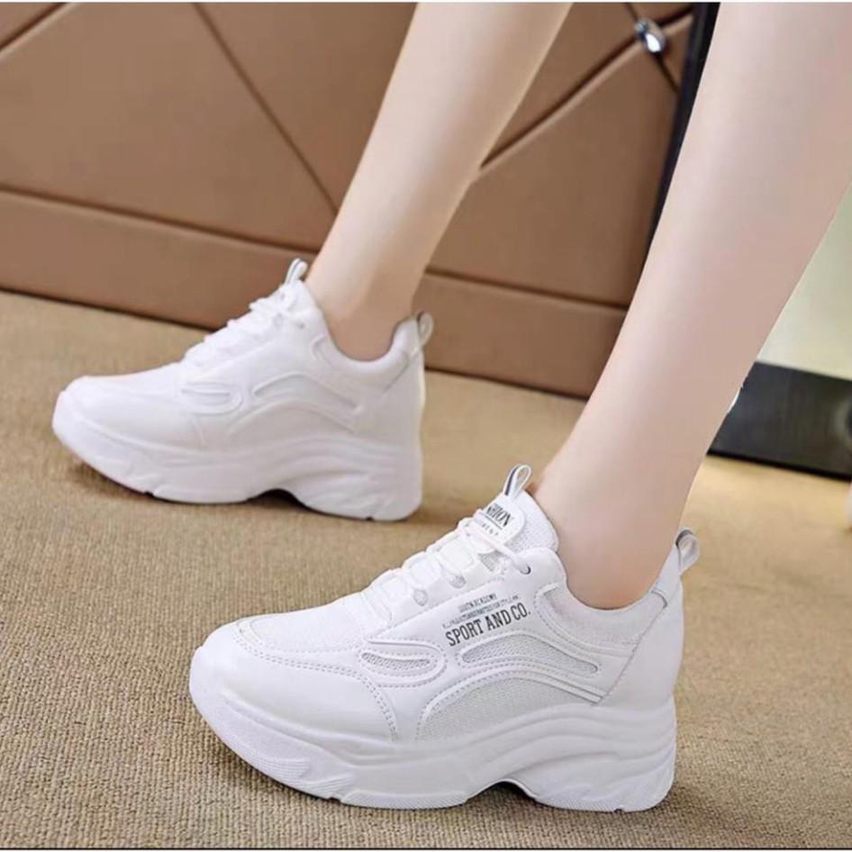 Freeship Giày Sneaker Nữ, Giày Thể Thao Nữ Giày Thể Thao Nữ Độn Đế 4-5Cm Mùa Xuân Thu Hàn Quốc Màu Trắng Giá Tốt Bảo Hàn