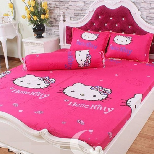 Set 3 món ga gối Poly cotton PL2  Kitty nơ cờ + Tặng 1 vỏ gối ôm