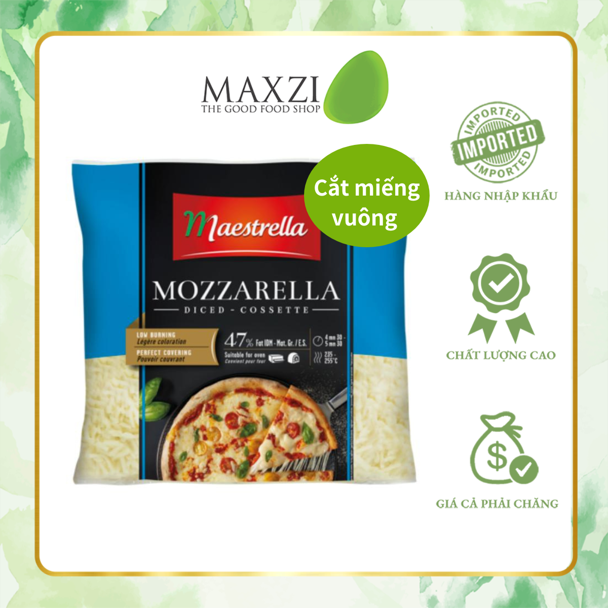 Phô Mai Pháp Mozzarella Hạt Lựu 2.5kg làm các bánh pizza hoặc dùng ăn kèm mì ống, salad, đế bánh pizza - Maxzi