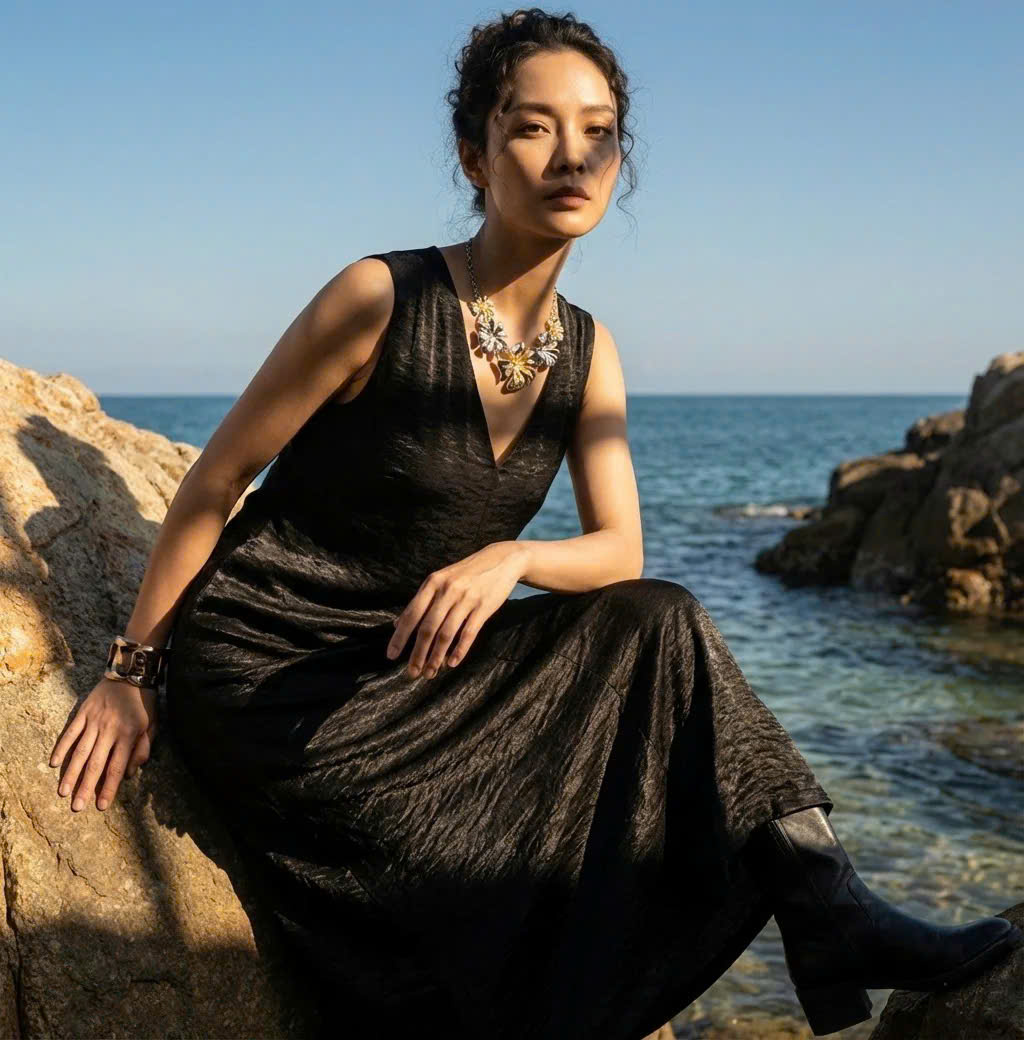 Đầm Maxi Dáng Suông Lụa Đen Hải Thạch Dre202 thời trang thiết kế Hity