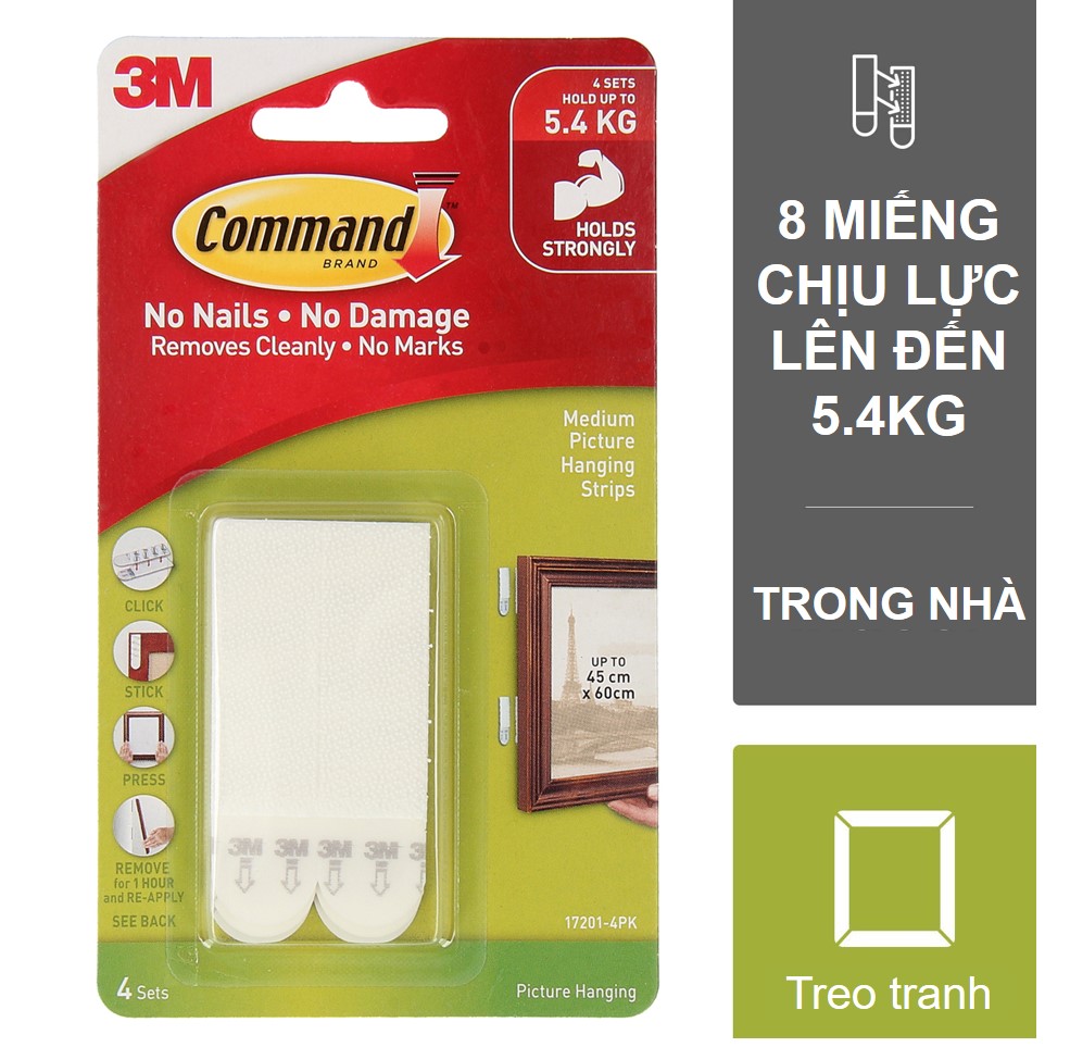 Bộ 8 Miếng dán treo tranh Command 3M tải trọng 5.4kg dễ sử dụng, độ bền cao, bám cực chắc, tháo cực dễ, không khoan đục, không bong tróc, không gây hại bề mặt 17206