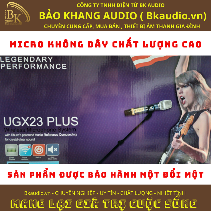 Micro không dây cầm tay UGX23-SHURE. Hai tầng số UHF riêng biệt loại bỏ tạp âm. Phạm vi hoạt động tốt dưới 150m. MSP: SPM-10