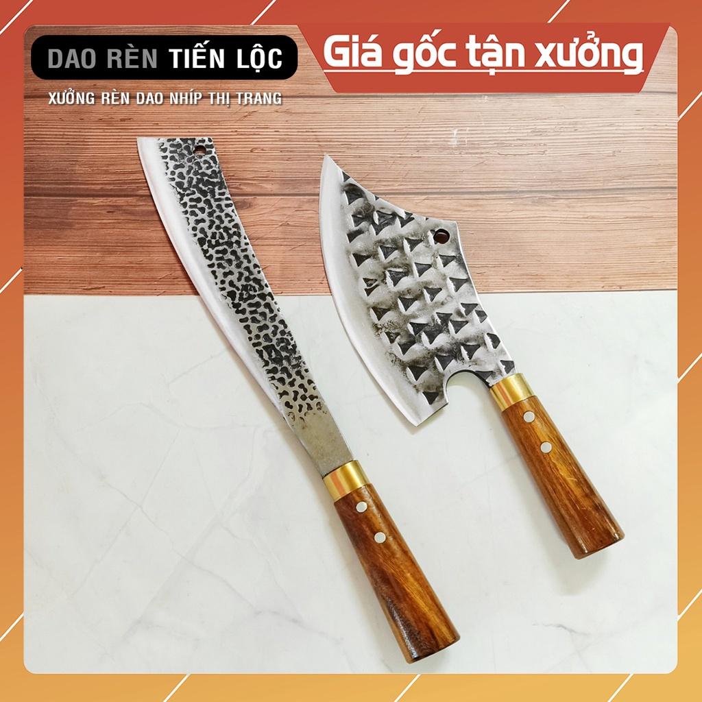 Combo Dao Tông Dao Chặt Thép Nhíp Dập Vân 2 Mặt - Cán Gỗ Cẩm, Chặt Cây, Chặt Xương