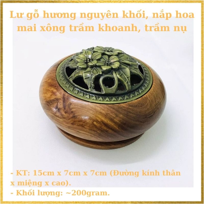Lư Gỗ Xông Đốt Trầm Hương – Lư Gỗ Hương Xông Đốt Nhang Khoanh Trầm Hương, Nhang Nụ Trầm Hương - Lư Gỗ Hương Xông Đốt Trầm Hương Nắp Kim Loại Khắc Hoa Văn