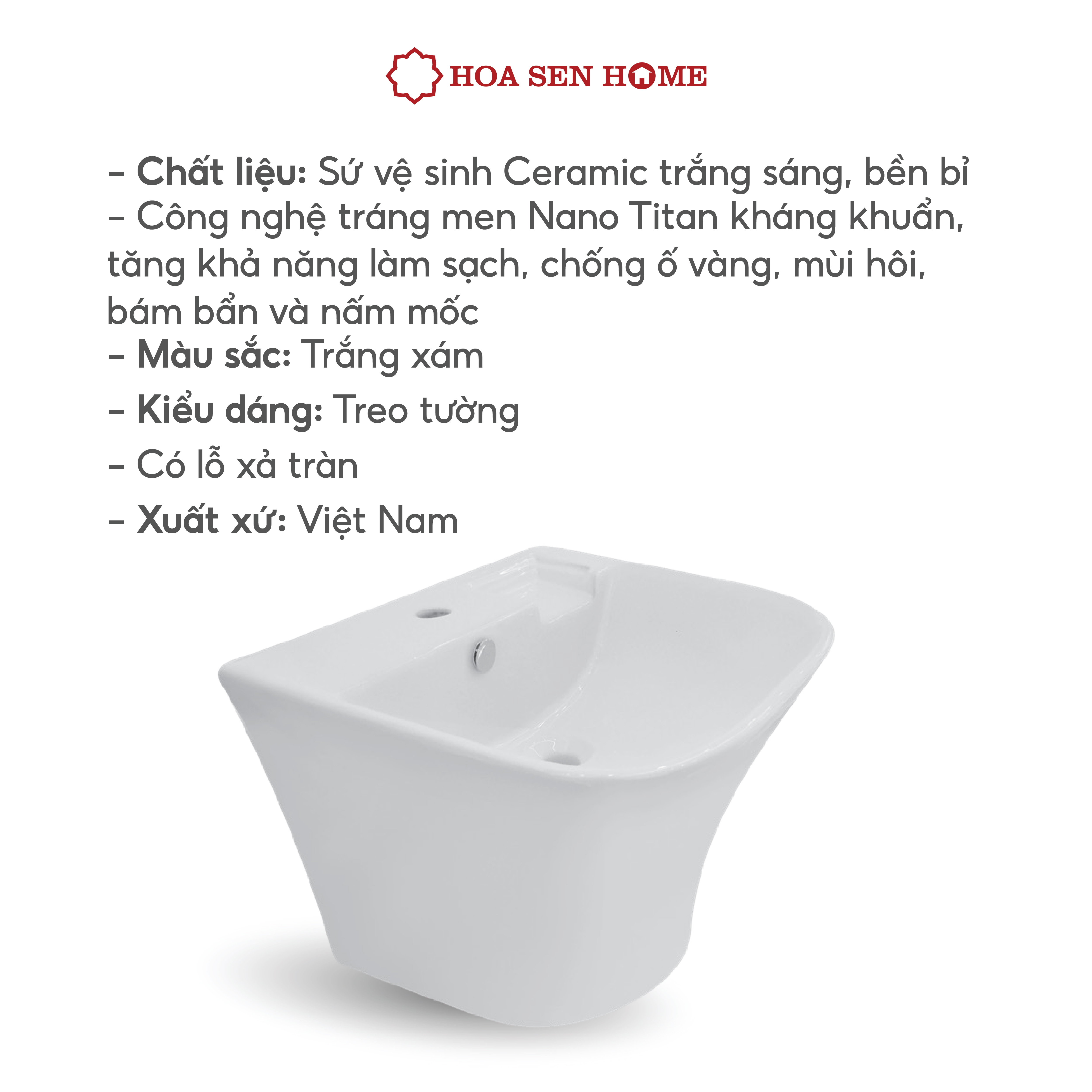 Lavabo treo tường TUSLO COCL001 liền thân, men sứ Nano cao cấp, kháng khuẩn tích hợp khay để xà bông và rãnh thoát nước, có lỗ xả tràn- Hàng chính hãng