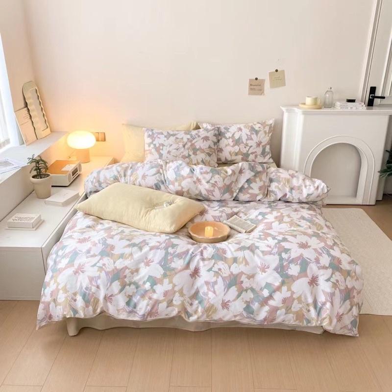 Bộ Chăn Ga Gối Cotton Living 100%cotton Hàng Nhập Khẩu Cao Cấp 4 Món Hoa Nâu