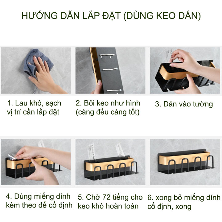 Giá để bàn chải, kem đánh răng, đồ cá nhân đa năng, bằng hợp kim nhôm mạ màu đen, dùng keo dán không cần khoan