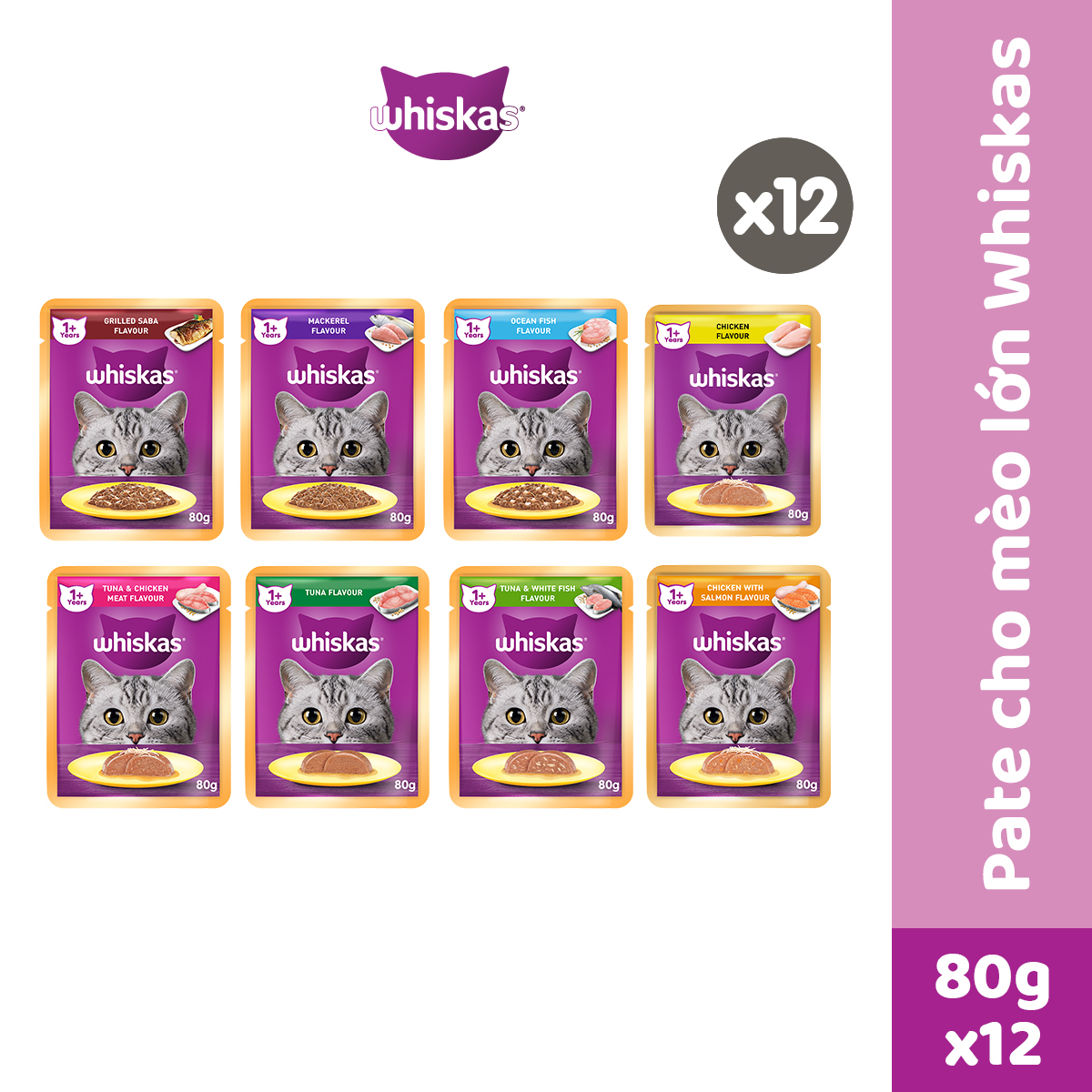 Thức Ăn Cho Mèo Trưởng Thành Dạng Sốt WHISKAS - 80g (12 gói)