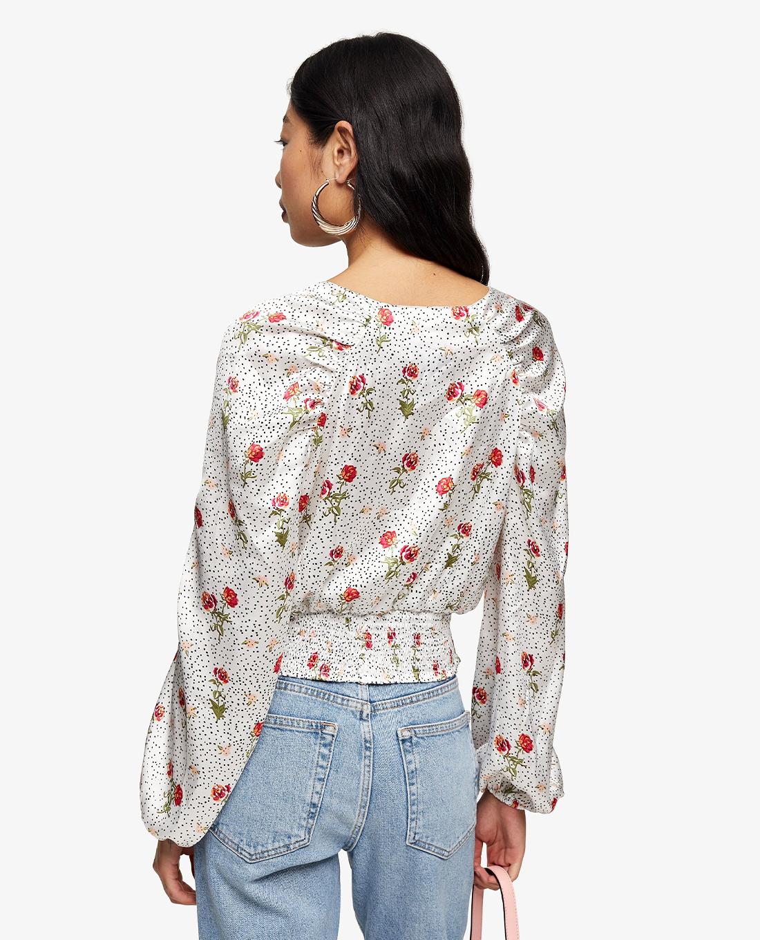 TOPSHOP - Áo kiểu nữ PETITE Cream Satin Floral Dot Tie Front 26B06SCRM