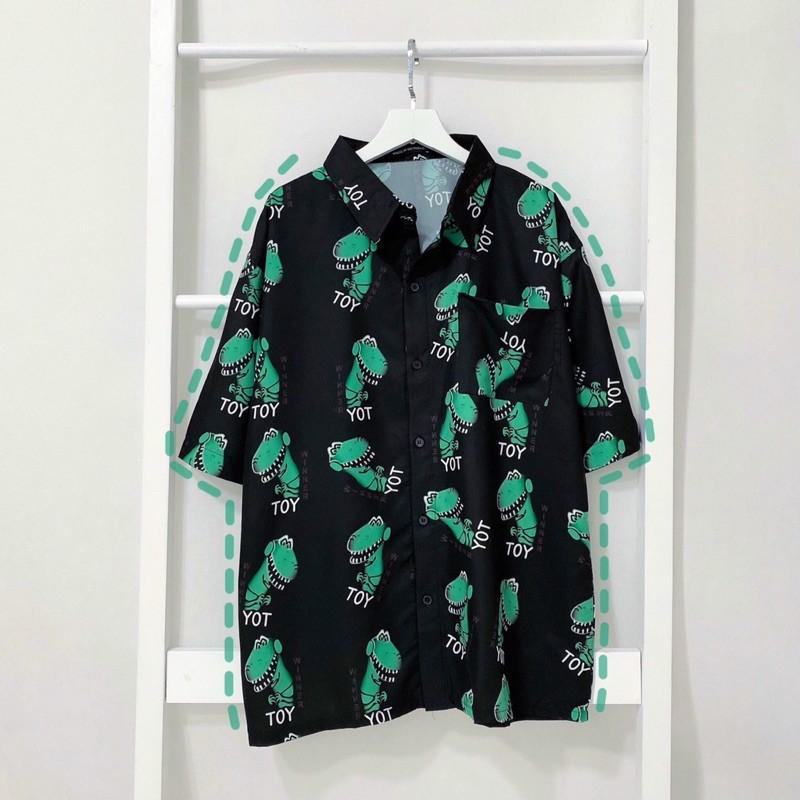 Áo sơ mi hoạ tiết khủng long tay lở dáng rộng unisex nam nữ, áo sơ mi đi biển, áo sơ mi nhóm, Áo sơ mi in hình