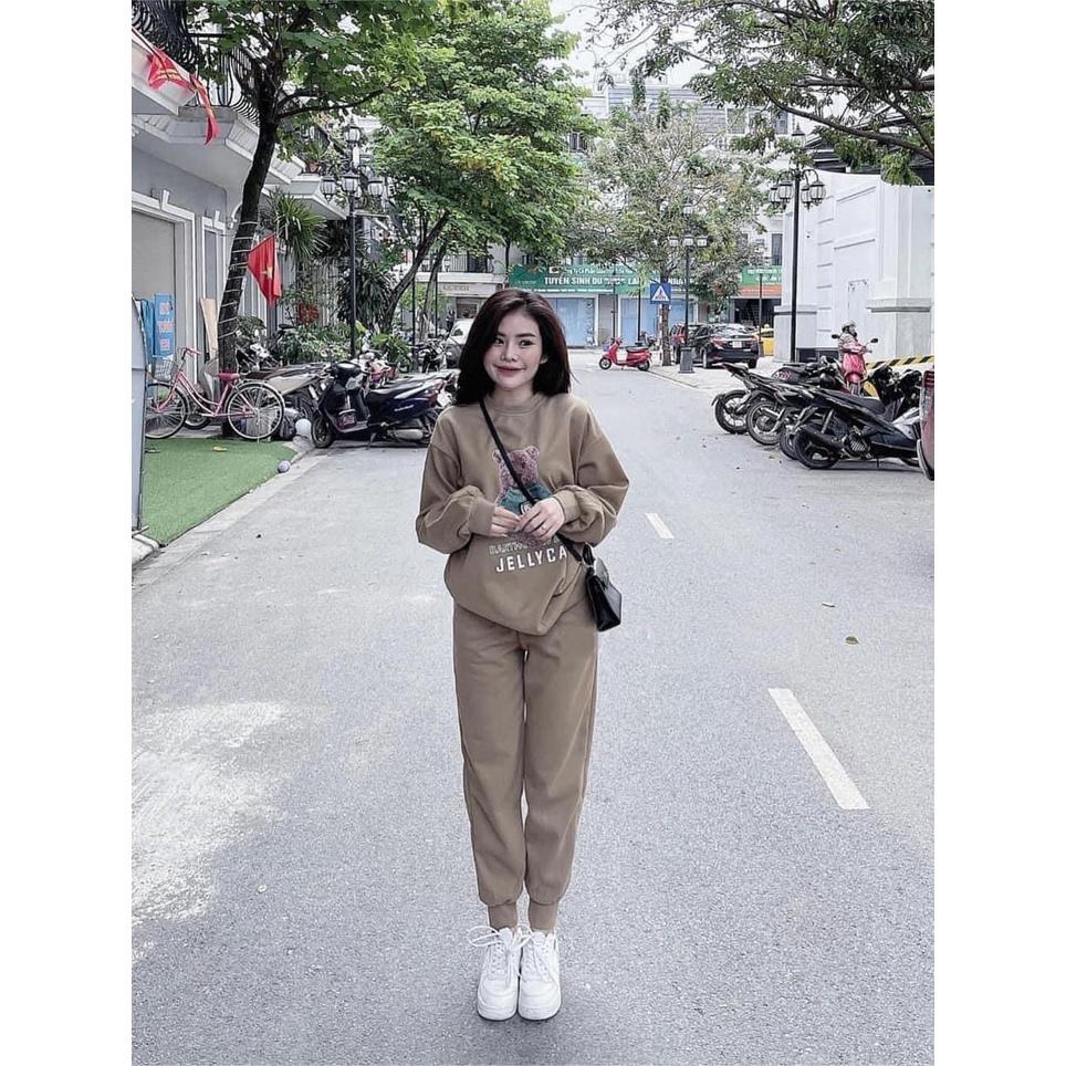 Set Đồ Nữ, Bộ Nỉ Nữ Dài Tay thu đông form rộng, áo nỉ gấu phối quần jogger phong cách thể thao, Hàn Quốc, BO014