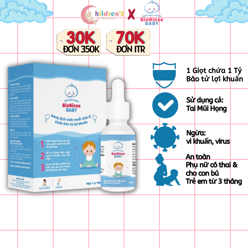 Nước muối sinh lý cho bé trẻ em, người lớn chứa bào tử lợi khuẩn chai bình xịt rửa viêm mũi, họng, tai, cảm cúm, sổ mũi BioRinse Baby