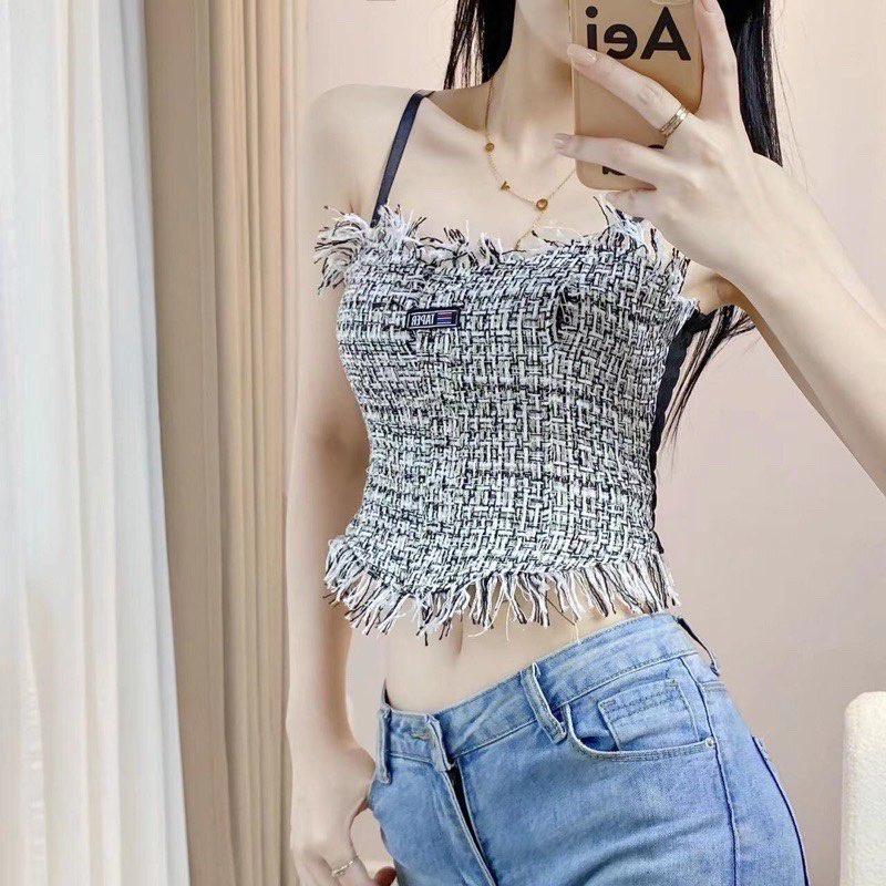M77. Áo 2 dây dạ tweed kẻ siêu đẹp, áo kiểu nữ croptop sang chảnh 2022 (có sẵn - miễn ship)