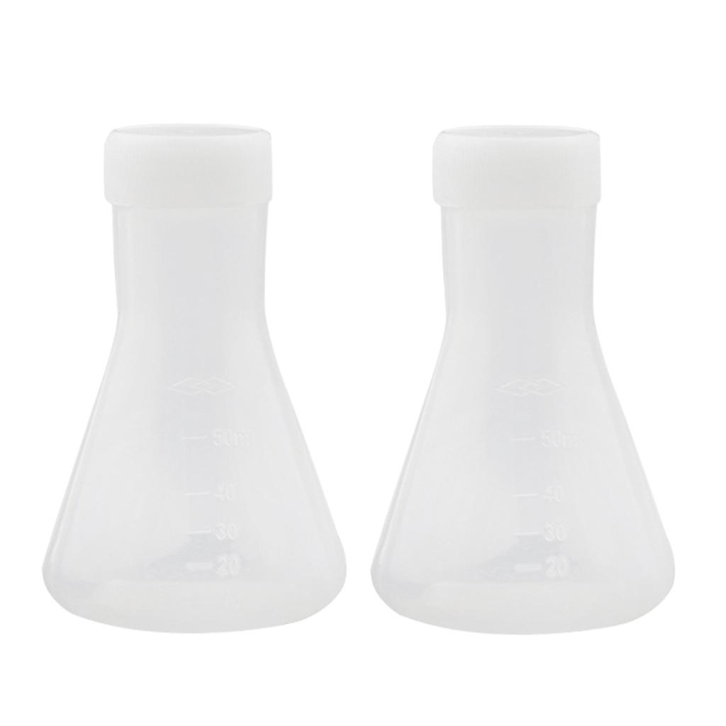 2x2 Pcs Lab Experiment Graduated Plastic Conical Flask Erlenmeyer w/ Cap 50mL