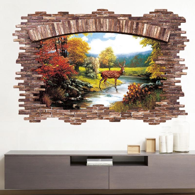 Decal tranh dán tường 3D trang trí nhà cửa - khu rừng và con hươu