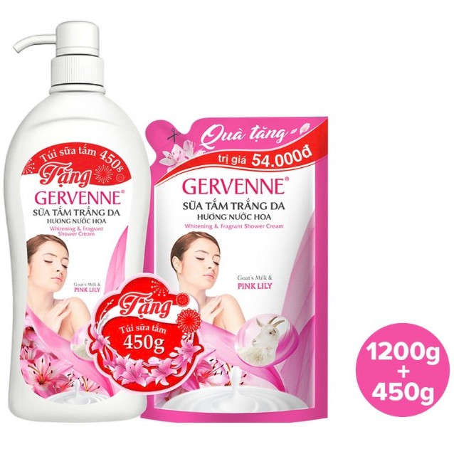 Sữa tắm trắng da Gervenne Pink Lily 1.2 Lít - Tặng Túi sữa tắm 450gr