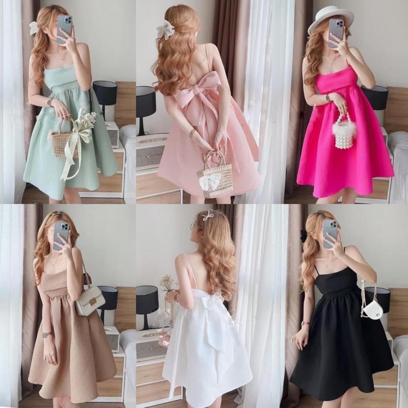 Đầm babydoll 2 dây xếp ngực dài 95cm cột nơ lưng chất xốp mềm , váy babydoll dáng xoè 2 dây xinh xỉu