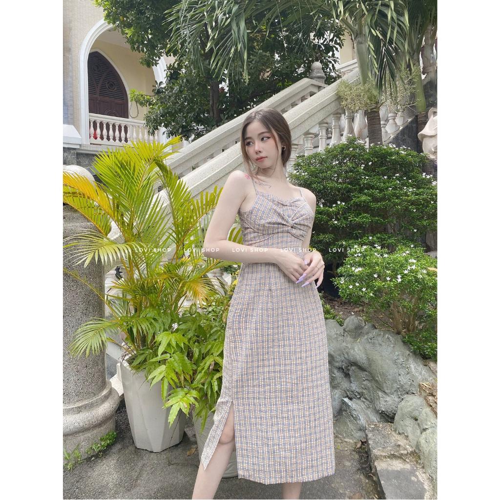 Váy Đầm hai dây caro nơ xoắn ngực suông dài (Checked dress) nhà LOVI