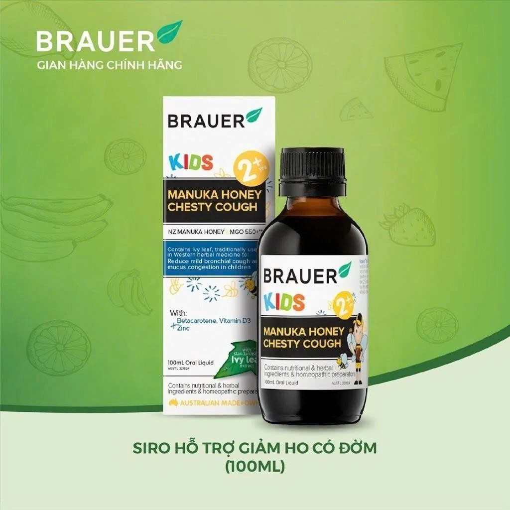 Sirop Brauer Manuka Honey Chesty Cough 100ml hỗ trợ giảm ho có đờm cho trẻ từ 2 tuổi