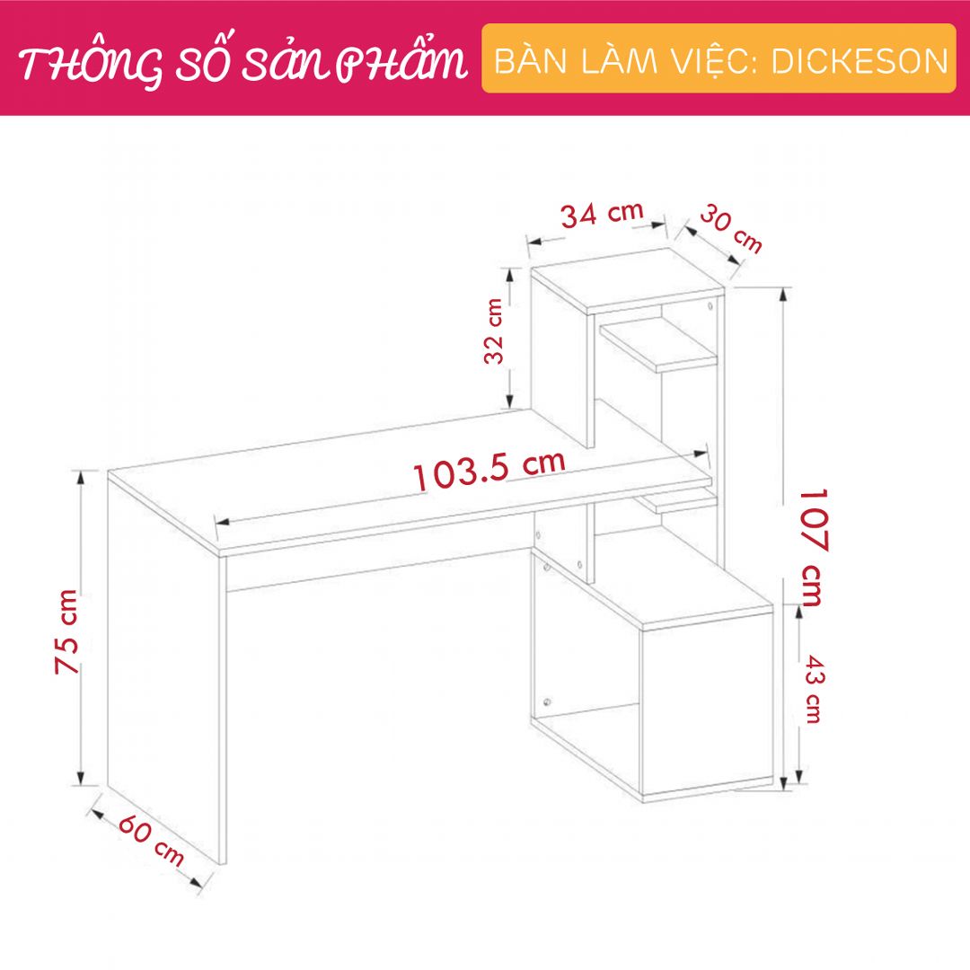 Bàn làm việc, bàn học gỗ hiện đại SMLIFE Dickenson | Gỗ MDF dày 17mm chống ẩm | D103.5xR60xC107cm