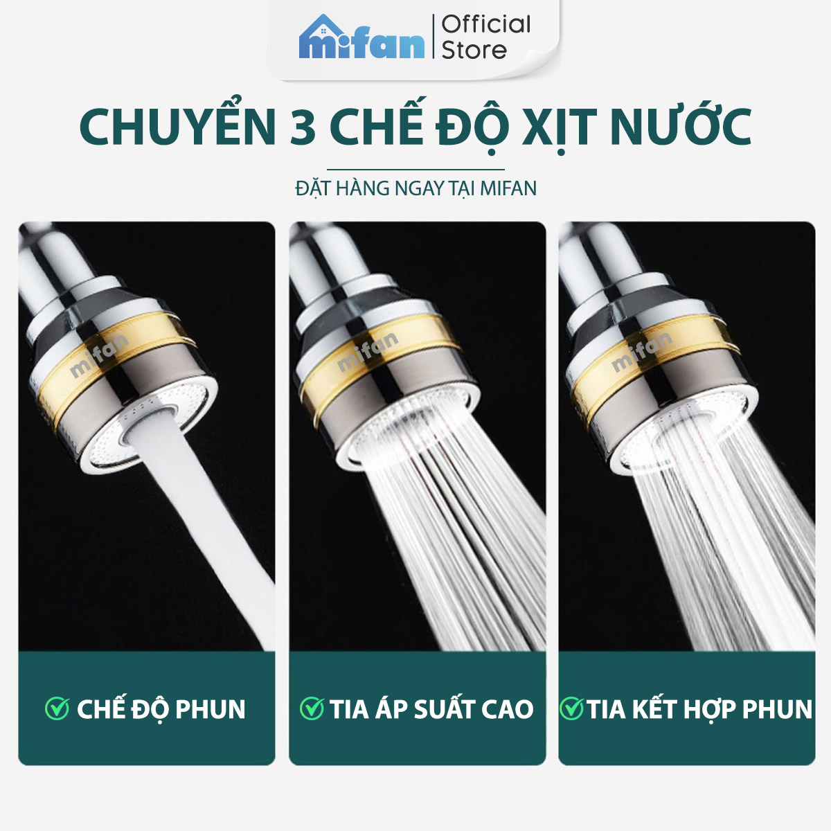 Đầu vòi rửa bát tăng áp đồng thau inox 304 cao cấp Mifan - 3 Chế độ phun cực mạnh, xoay 360 - Sử dụng cho bồn rửa chén bát