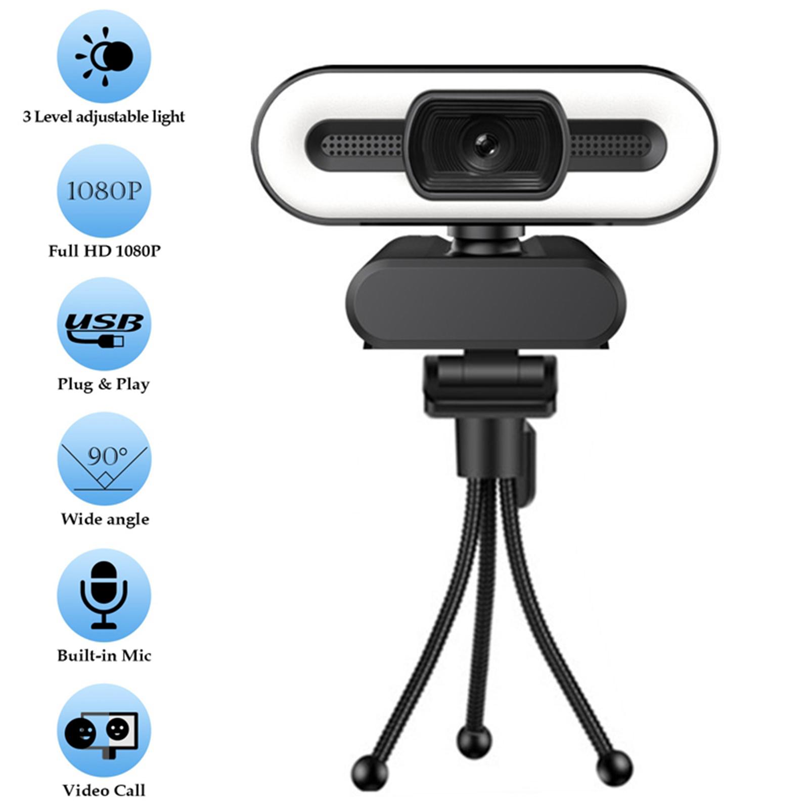 HD Webcam with Fill Light Microphone USB 2.0 Conference Streaming Camera for Desktop Laptop