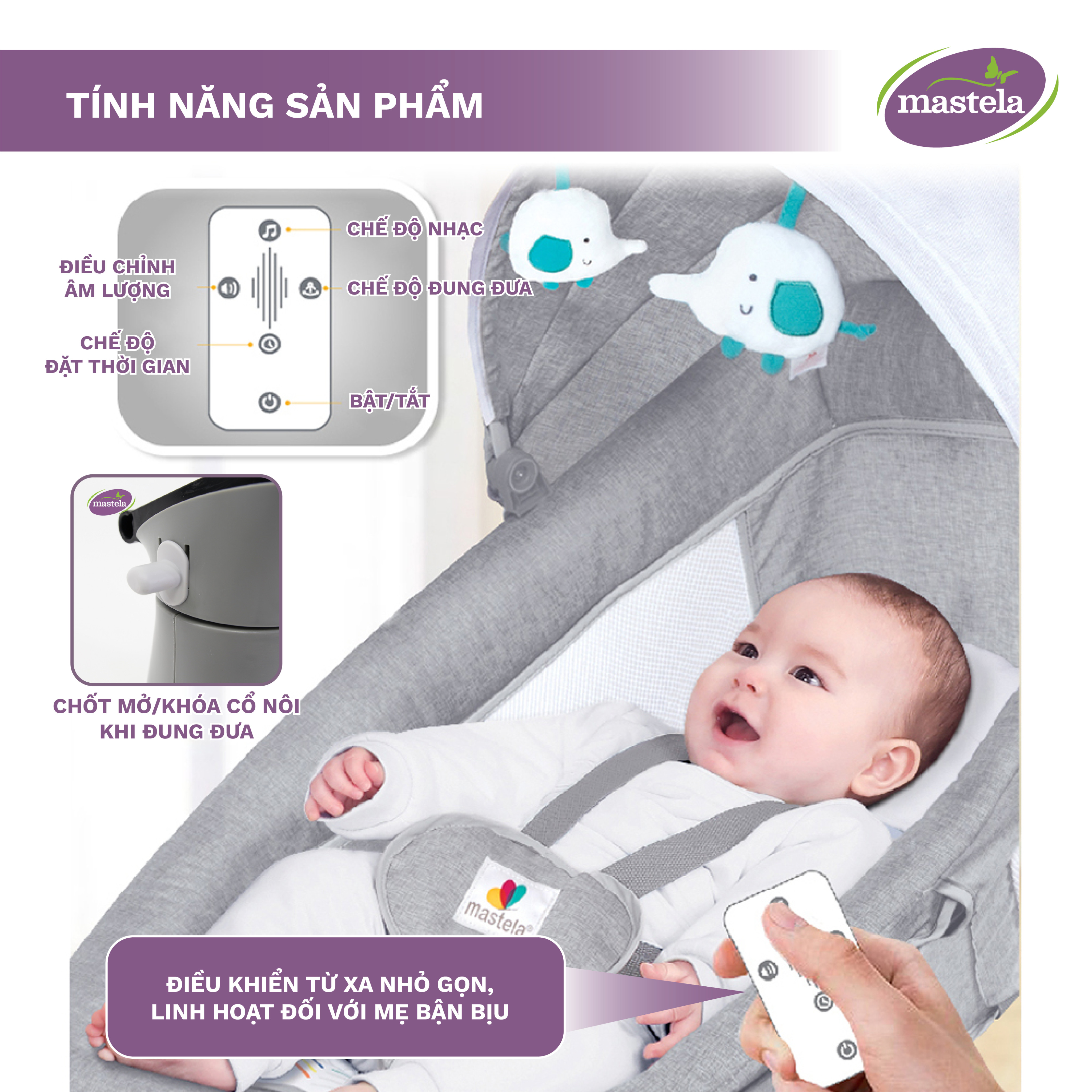Nôi điện cho bé điều khiển từ xa và nhạc trắng ru ngủ Mastela 8104 / 8106 - Nôi cho bé sơ sinh nằm ngủ và chơi