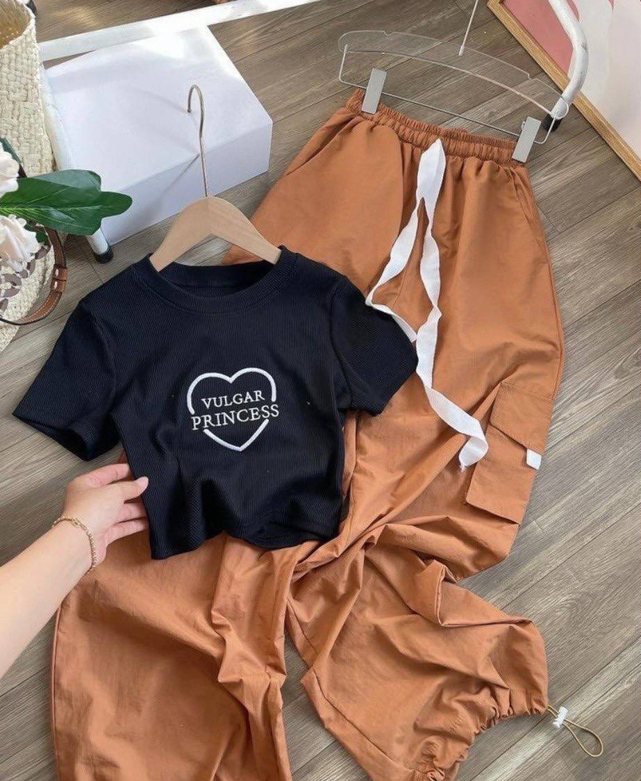 SET QUẦN DÀI ỐNG RỘNG TÚI HỘP DÂY RÚT LƯNG CAO SUÔNG TRƠN + ÁO CROPTOP THUN ĐEN DẠO PHỐ THỂ THAO ĐI CHƠI ĐI TIỆC