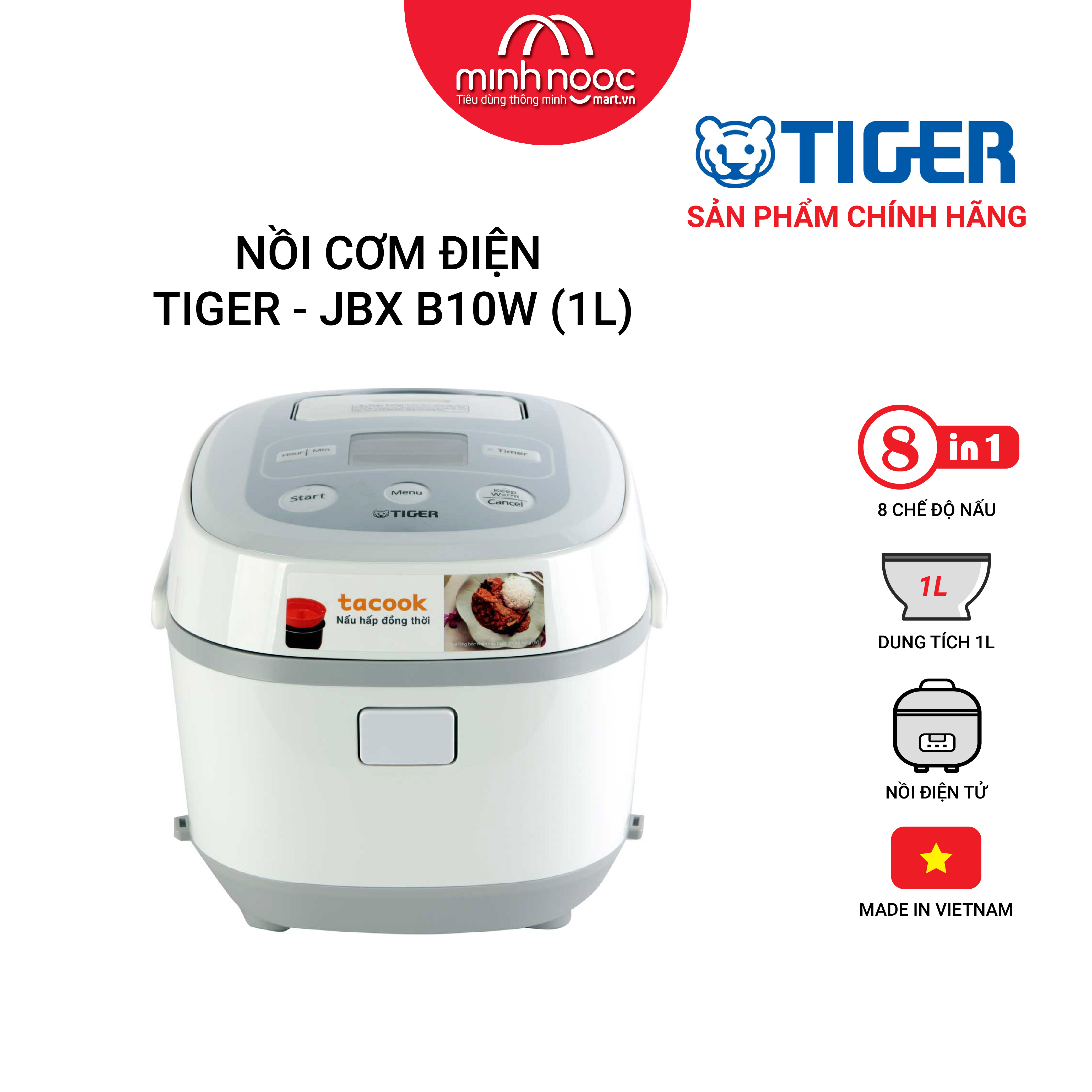 HÀNG CHÍNH HÃNG: Nồi cơm điện Tiger dung tích 1.0l  JBX-B10W màu trắng