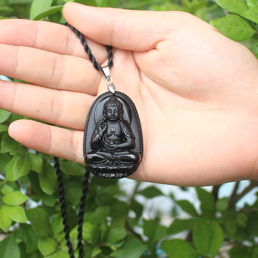 Dây chuyền mặt Phật A Di Đà, Cho Tuổi Tuất,  Đá Núi lửa Obsidian-    Cao Cấp, Nhỏ,  BAN5