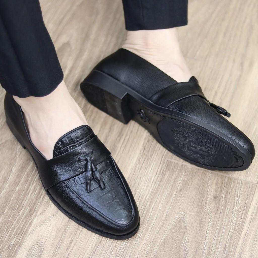 Giày lười da nam dập vân cá sấu, có chuông - Đế cao su non cao 3cm, Mã x091C, Màu Đen- Hàng Việt