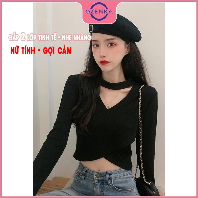 Áo croptop tay dài cổ v đắp chéo, áo thu đông nữ đẹp len tăm cotton cao cấp màu đen trắng free size dưới 50 kg